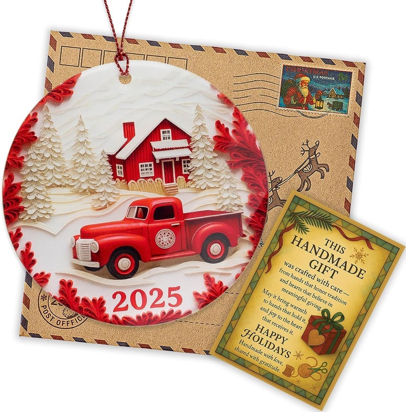 NELXI Red Truck Christmas Ornaments, Christmas Ornaments 2025, Vintage Farmhouse Holiday Decoration, Rustic Red Pickup Scene, Cozy Winter Keepsake, Classic Festive Gift for Tree Display - Image 5